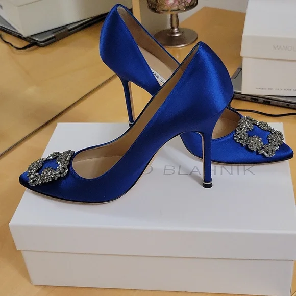 MANOLO BLAHNIK SATINBLUE PUMPS Ft. Square Crystal Buckle- Brand New